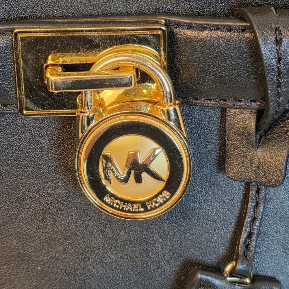 Michael Kors Hamilton Black Leather Satchel Crossbody Bag Gold Padlock Charm - Picture 2 of 7